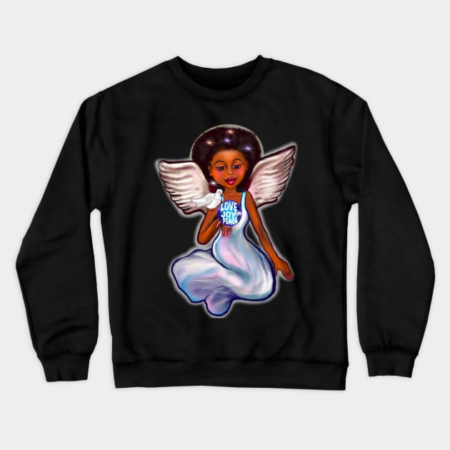 Angel with dove love joy and peace ii - Black angel of peace ! With glow, Afro hair, green eyes, Cherry pink lips and dark brown skin. Hair love ! Crewneck Sweatshirt by Artonmytee